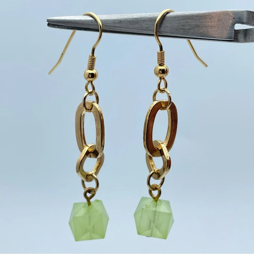 Premier Designs “With It” Gold Dangle Earrings with Green Beads